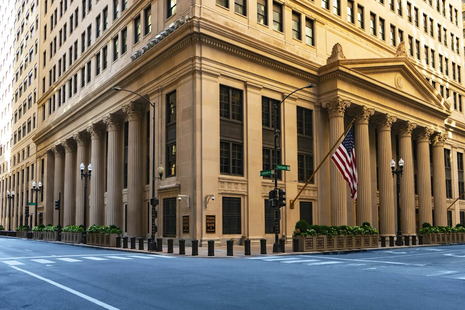 The Chicago Federal Reserve Bank building, a neoclassical tower on a downtown corner