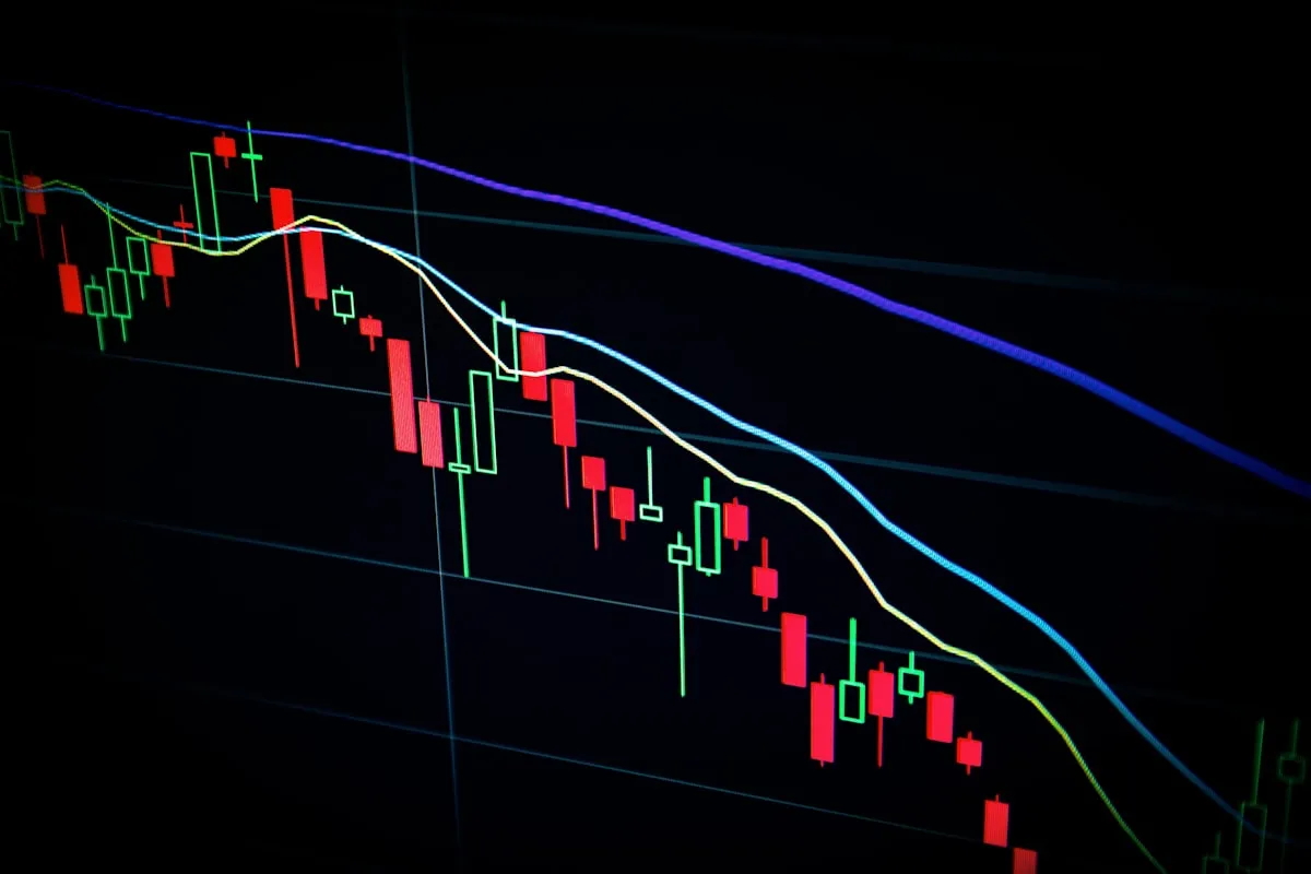 A smartphone displaying a stock trading app with candlestick charts and market data